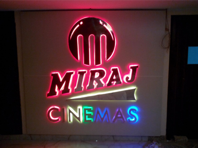 MIRAJ CINEMAS STEEL 3DCHANNEL LETTERS GLOW SIGNBOARD INSTALL IN DELHI 